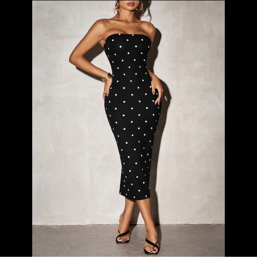 Polka Dot Print Form-Fitting Sexy Mid-Calf Dress,Polka Dot Dress Size Lg
Fabric: